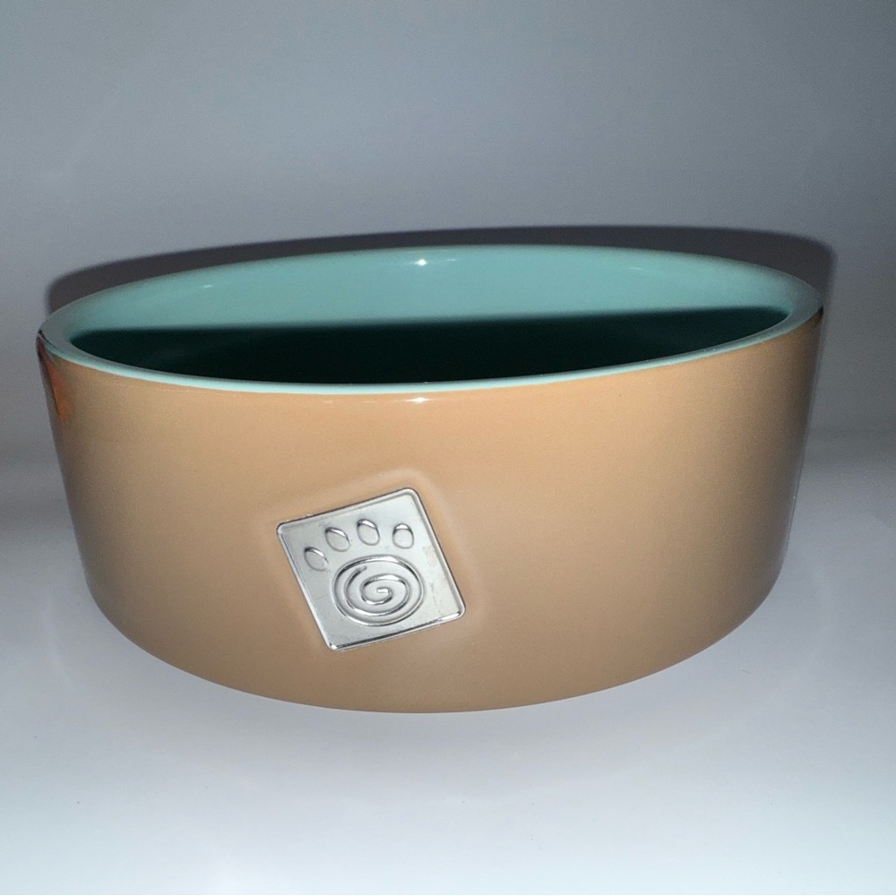 Ceramic Pet Bowl in Tan and Teal